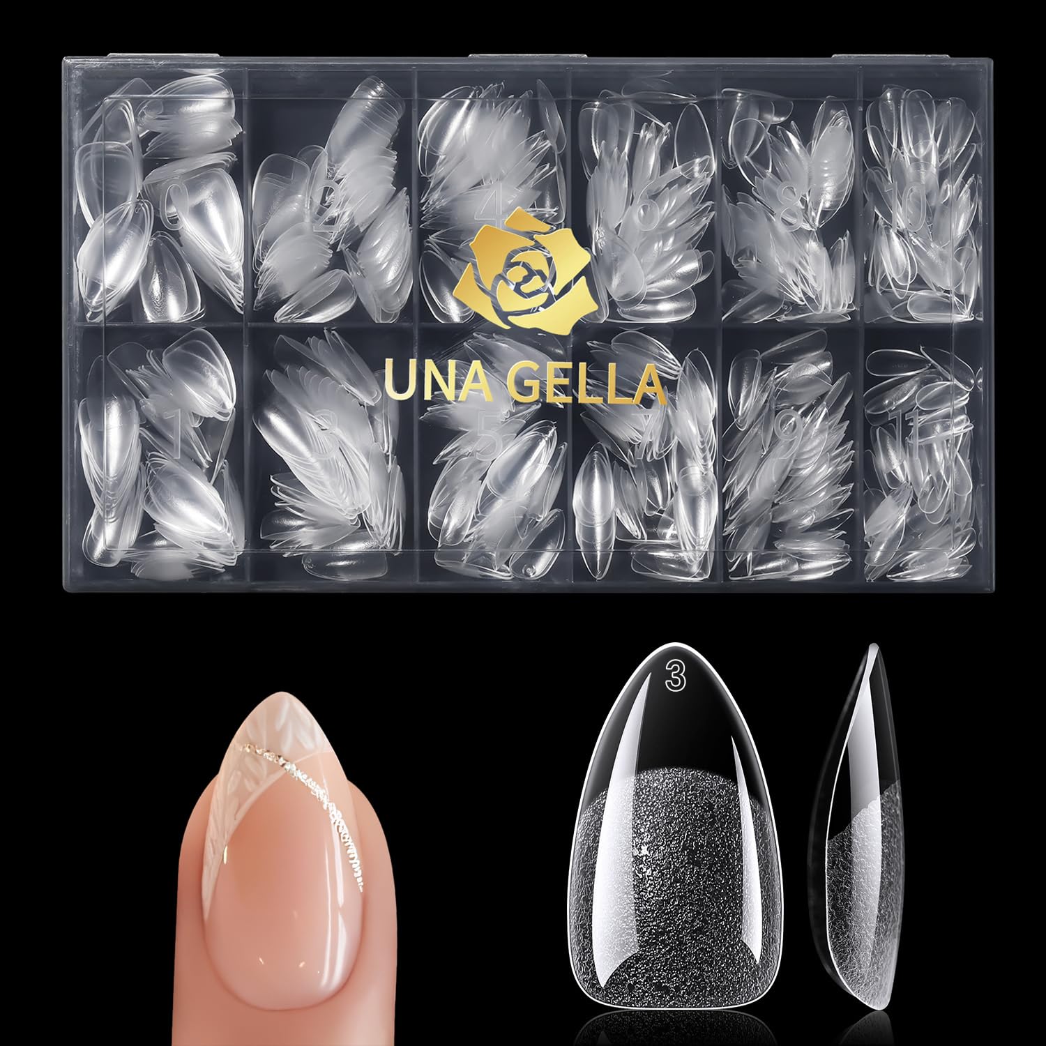 UNA GELLA Short Almond Nail Tips ideal for home DIY salon use.