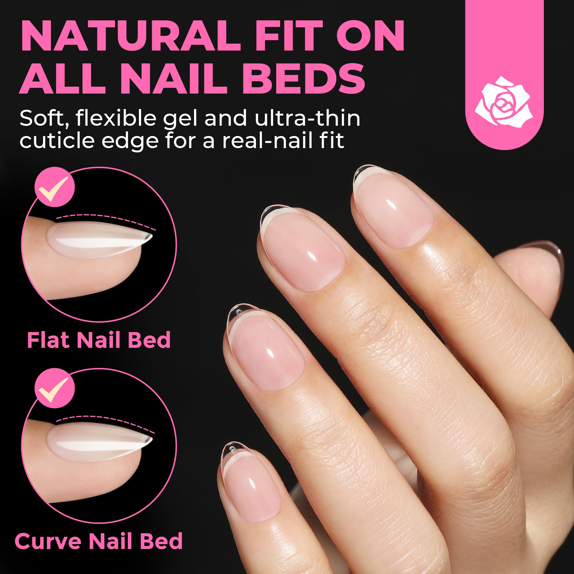 UNA GELLA short almond tips with thin back edge for precise fit.