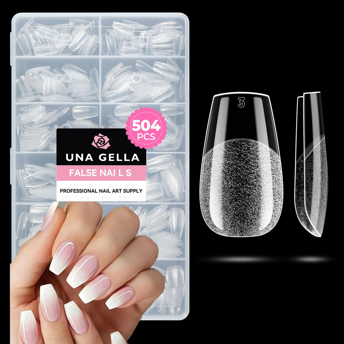 UNA GELLA short coffin tips, clear press-on nails, easy-to-use for salon-like results at home.