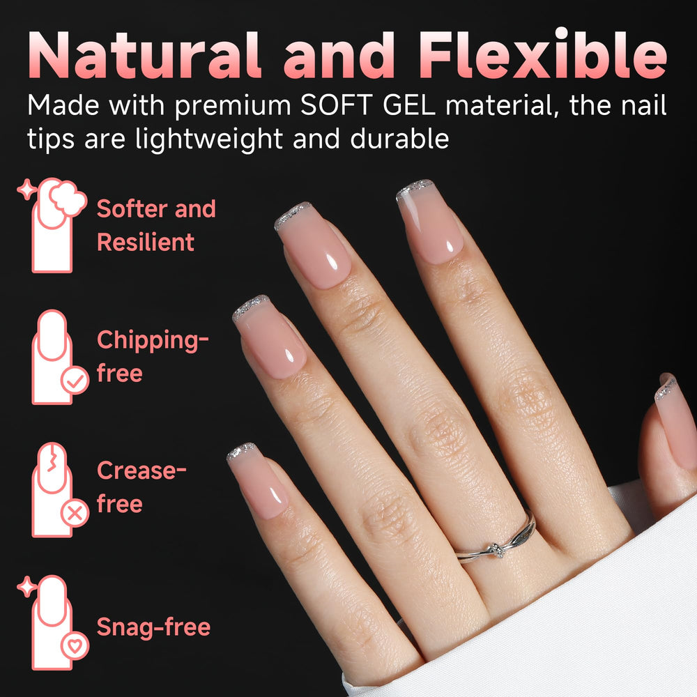 UNA GELLA square tips clear full cover compatible with gel polish and polish.