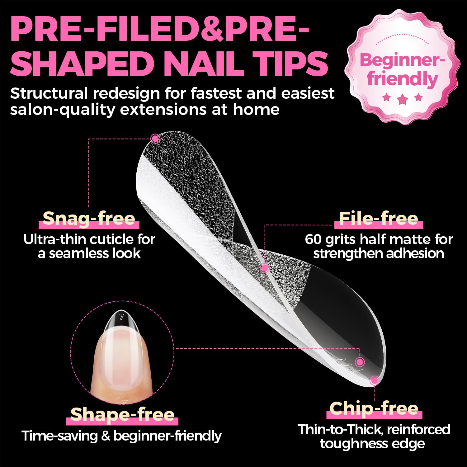 UNA GELLA smooth-edge pre-shaped tips provide snug fit and natural look