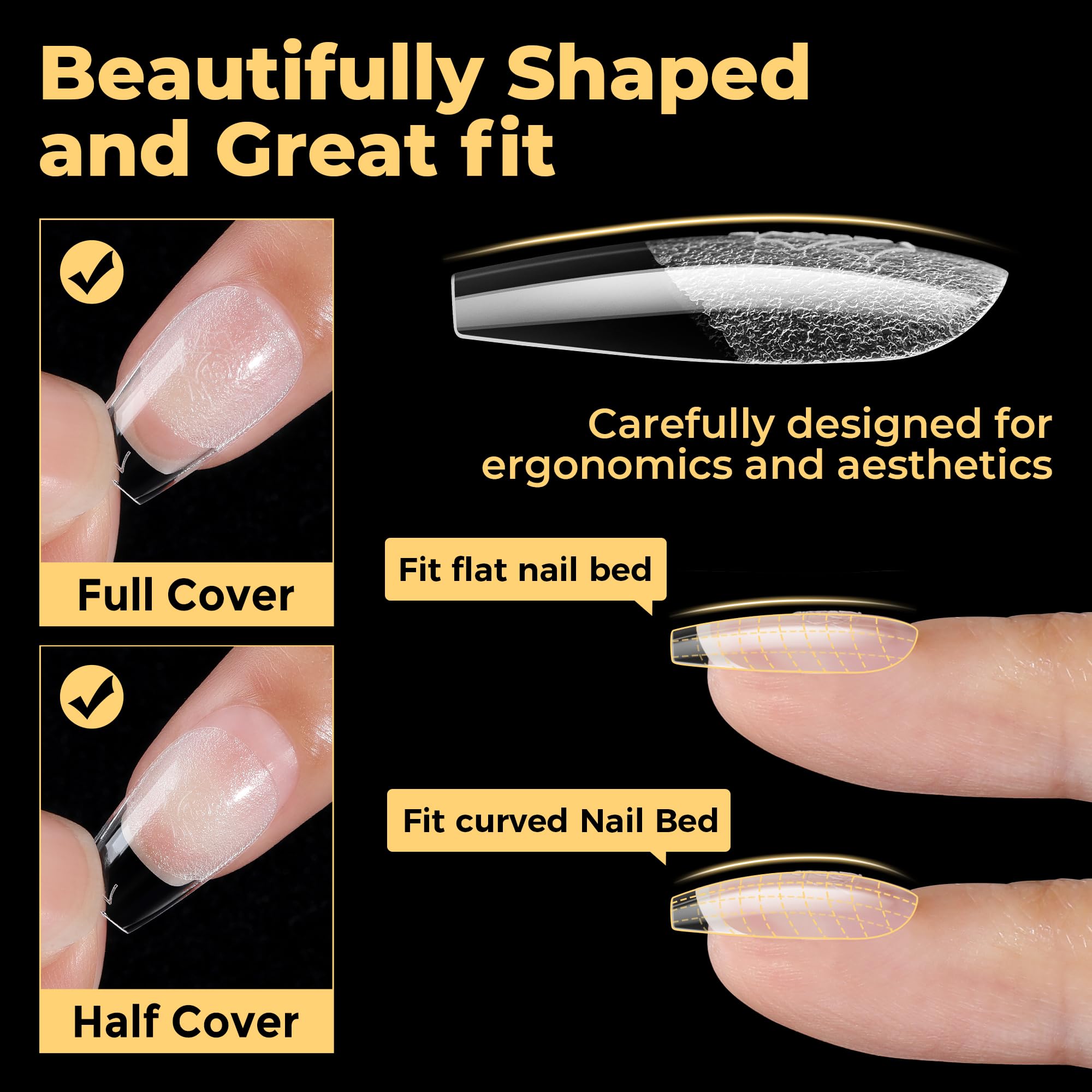 UNA GELLA soft gel tips bend smoothly for comfortable press-on application