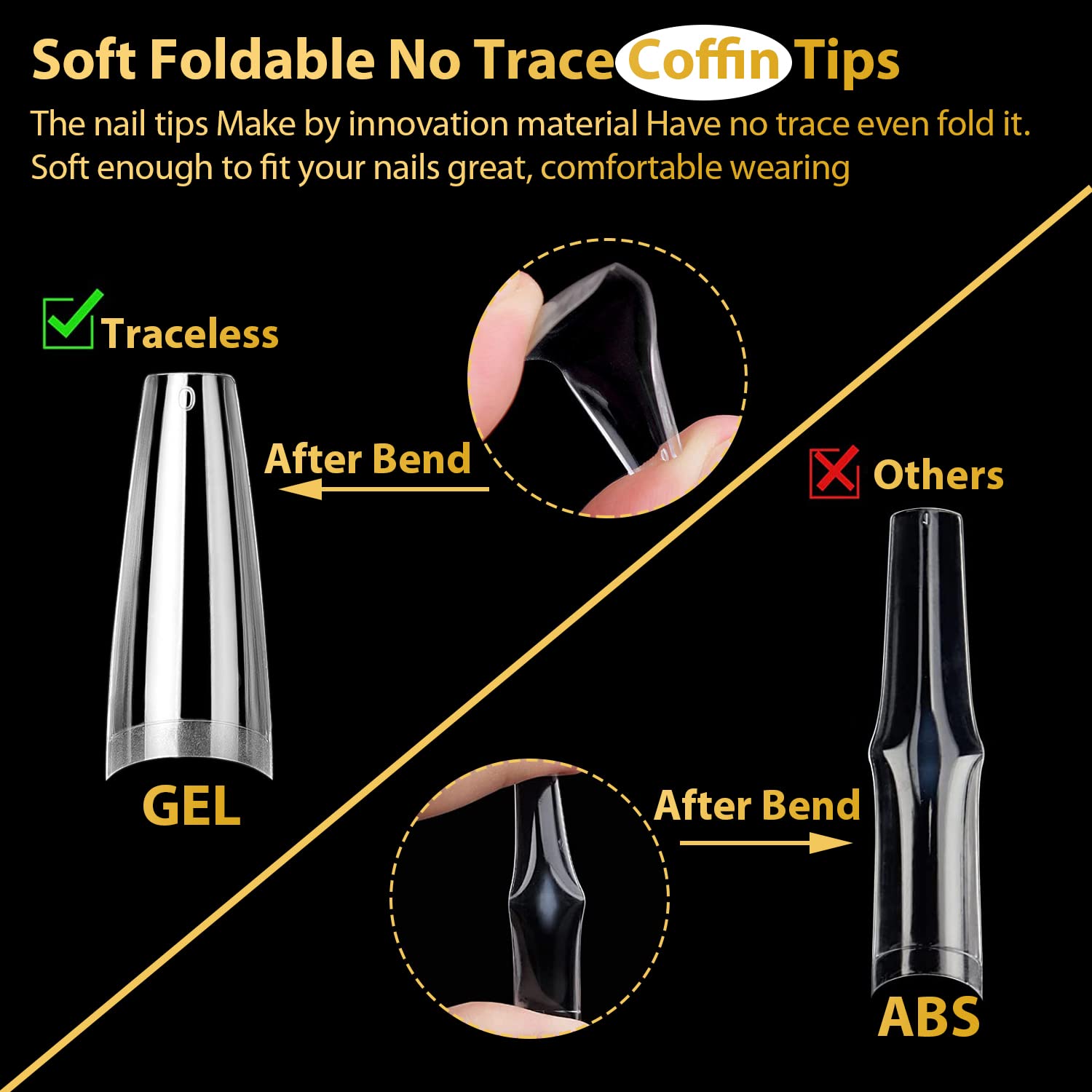 UNA GELLA soft gel tips highlight the gentle, flexible feel for comfortable long wear.