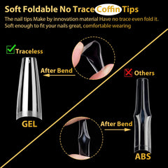 UNA GELLA soft gel tips highlight the gentle, flexible feel for comfortable long wear.