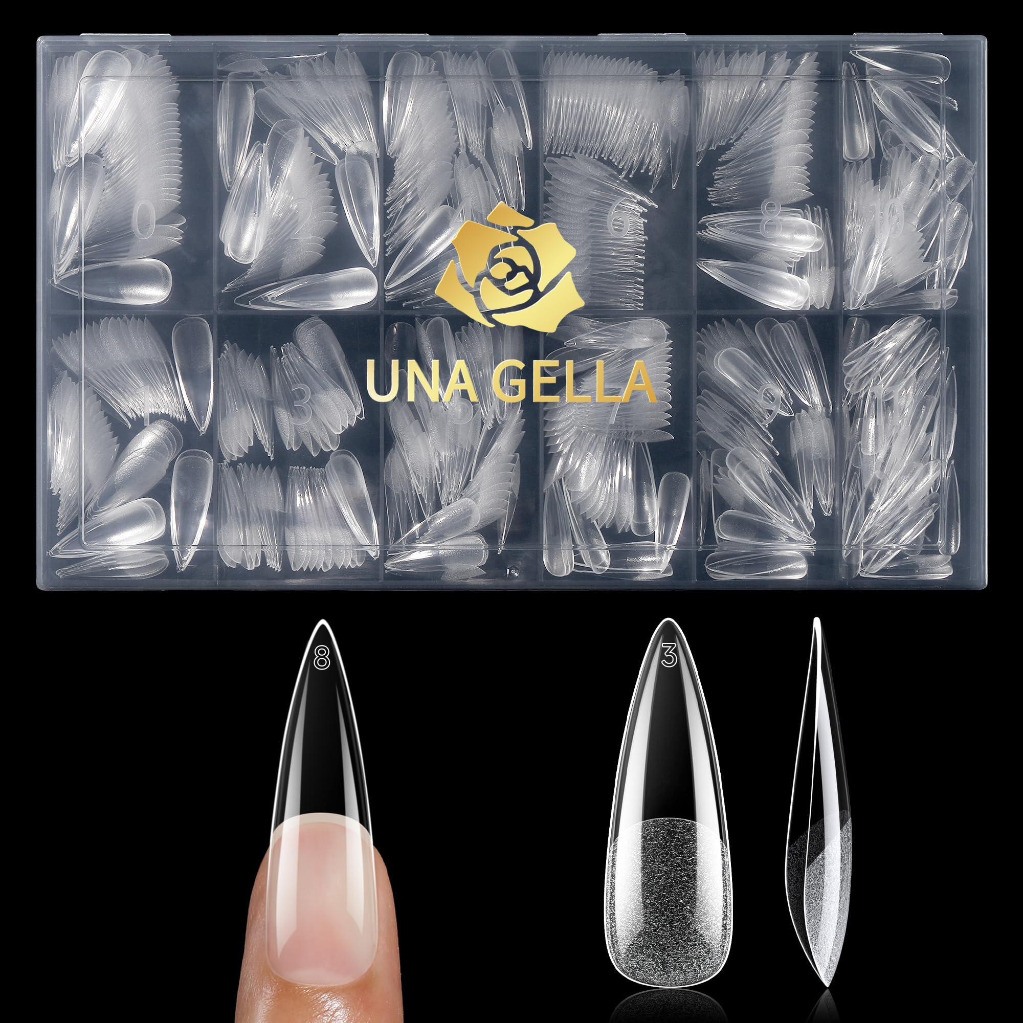 UNA GELLA stiletto almond shape tips suit bold designs and glitter accents.