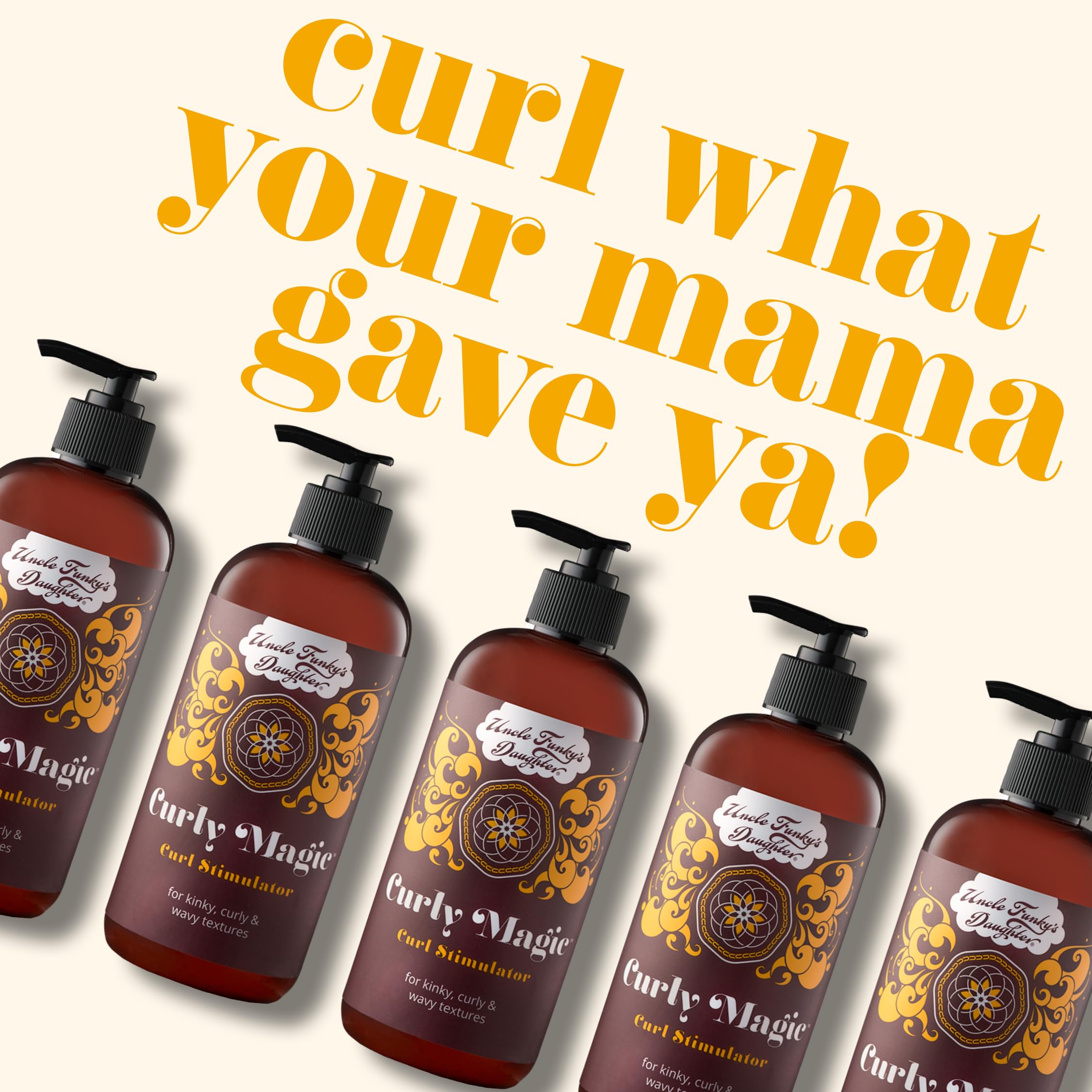 Uncle Funky's Daughter Curly Magic label closeup highlights nourishing ingredients.