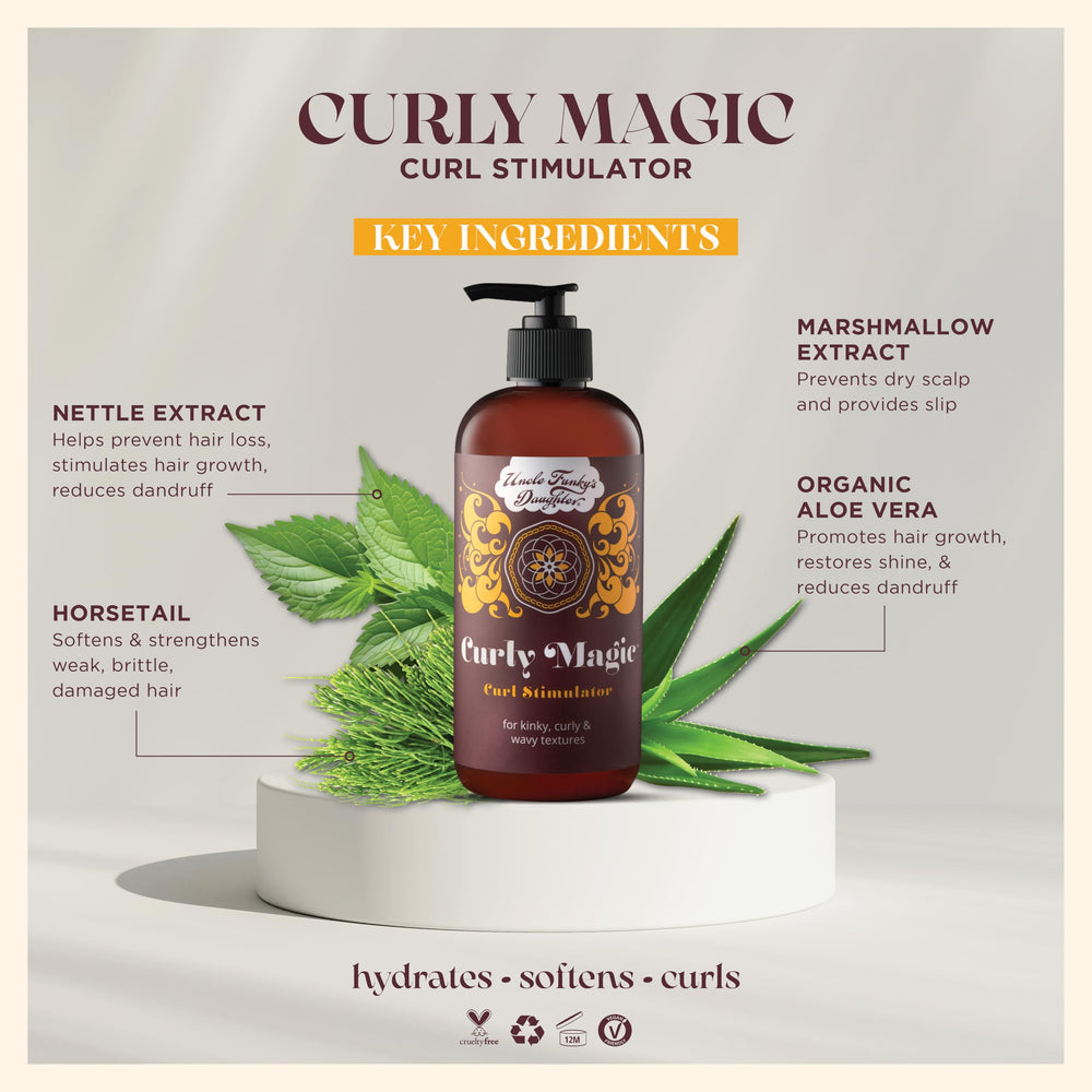 Uncle Funky's Daughter Curly Magic Stimulator showing the application for even distribution across curls.