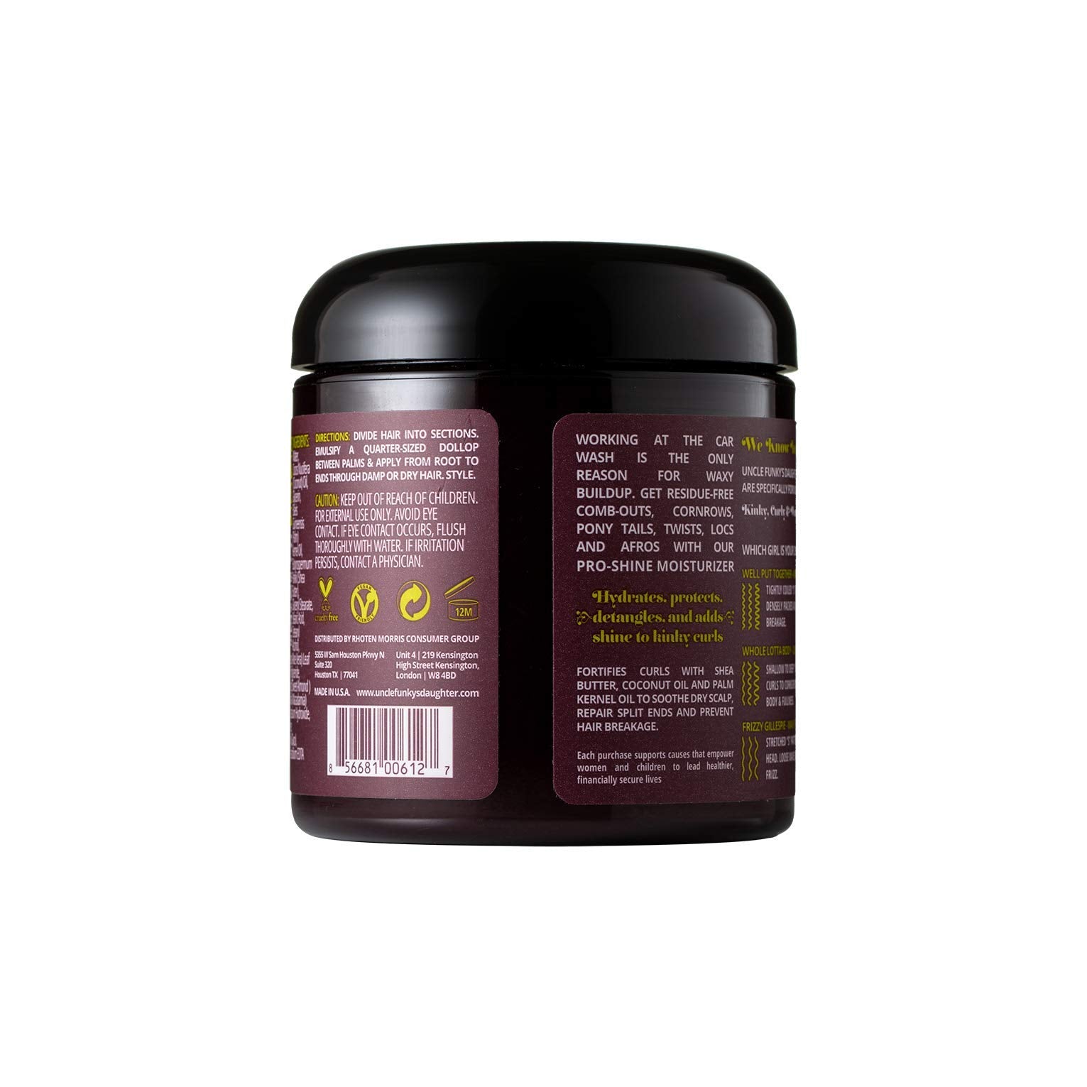 Uncle Funky's Daughter Extra Butter jar shown with defined curls around fingertips.