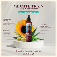 Uncle Funky's Daughter Midnite Train leave-in ingredients close-up featuring aloe vera and olive oil