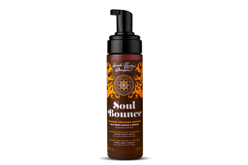 Uncle Funky's Daughter Soul Bounce mousse bottle for long-lasting hold and defined texture.