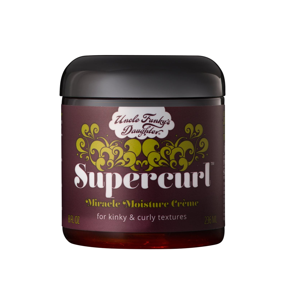 Uncle Funky's Daughter Supercurl Miracle Moisture Creme bottle pour aids detangling and adds shine.