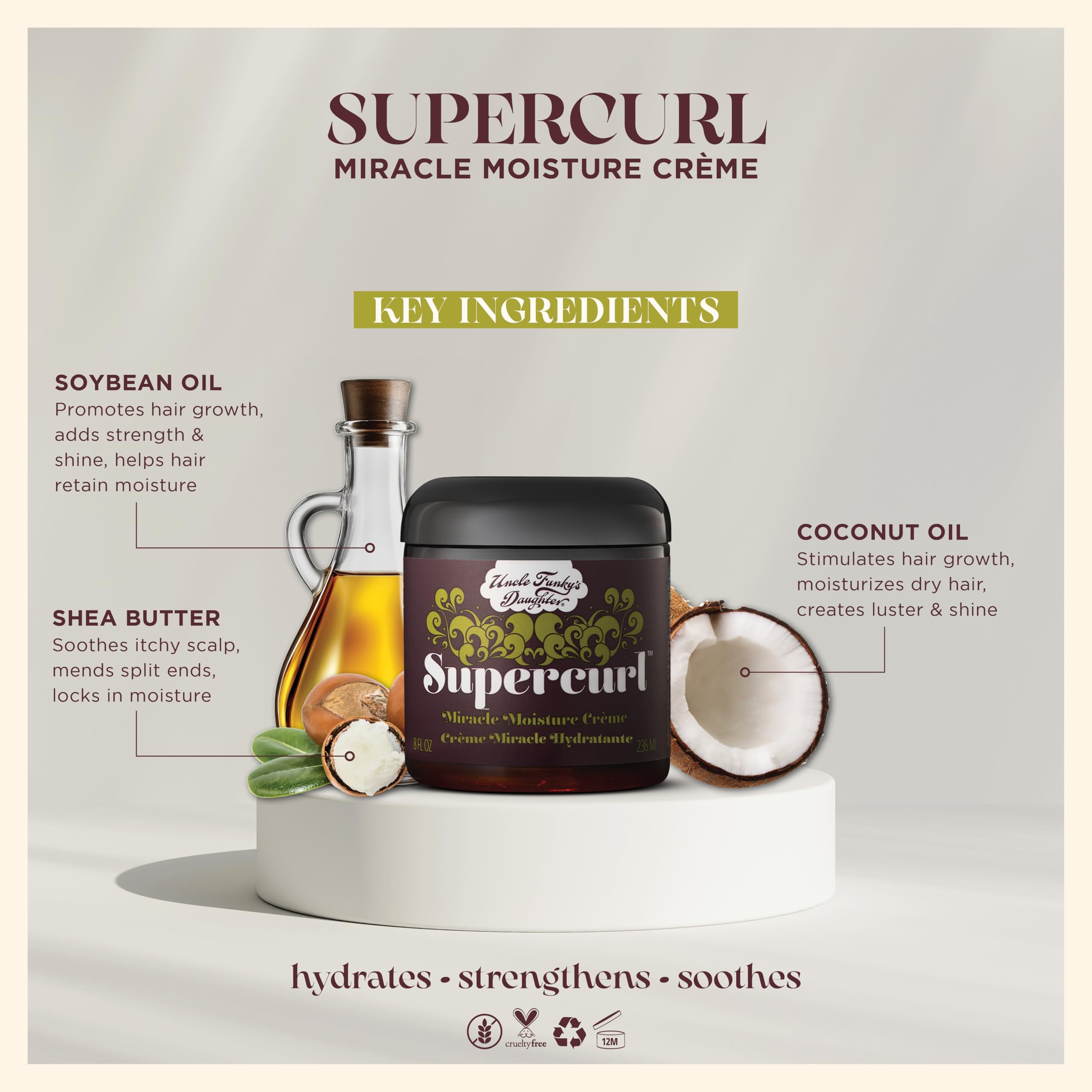 Uncle Funky's Daughter Supercurl Miracle Moisture Creme coconut-oil infusion nourishes dry hair.