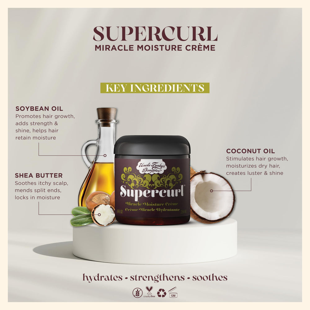 Uncle Funky's Daughter Supercurl Miracle Moisture Creme coconut-oil infusion nourishes dry hair.
