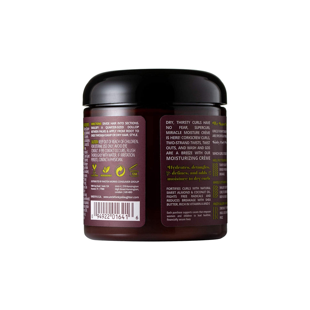 Uncle Funky's Daughter Supercurl Miracle Moisture Creme curl-definition on coils for shape and bounce.