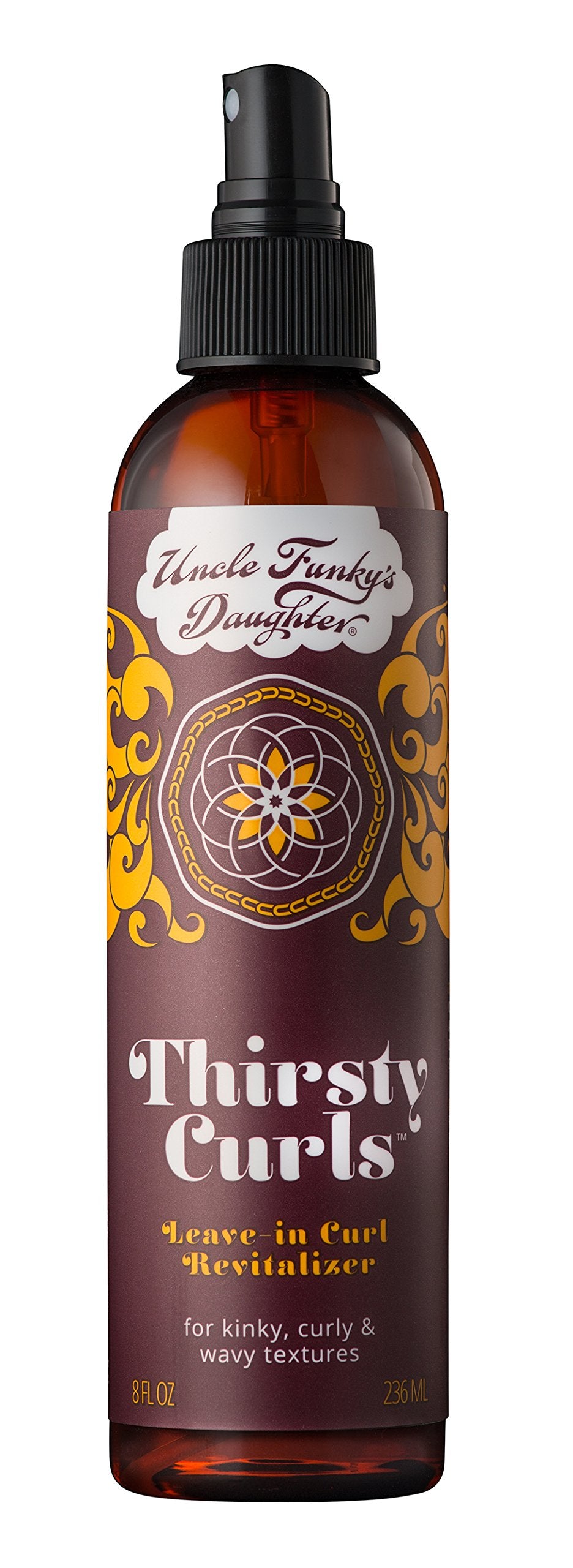 Uncle Funky's Daughter Thirsty Curls bottle closeup showcases moisture and curl definition.
