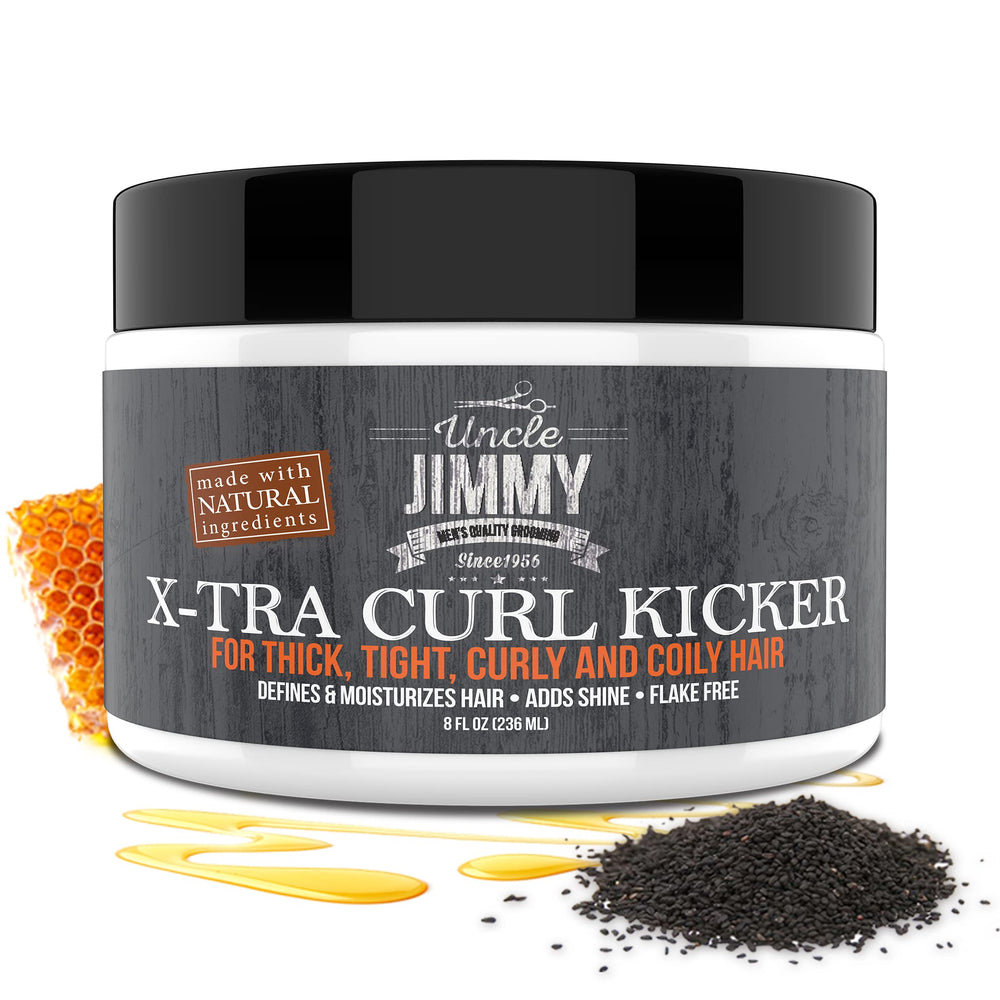 Uncle Jimmy Curl-Kicker matte finish on hair with healthy shine and humidity resistance.