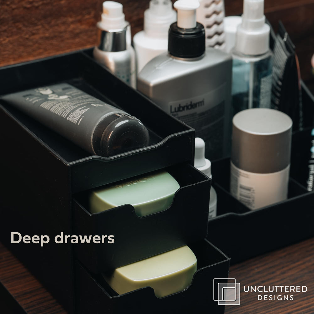 Uncluttered Designs large black vanity organizer bathroom setup keeps skincare within reach after shower