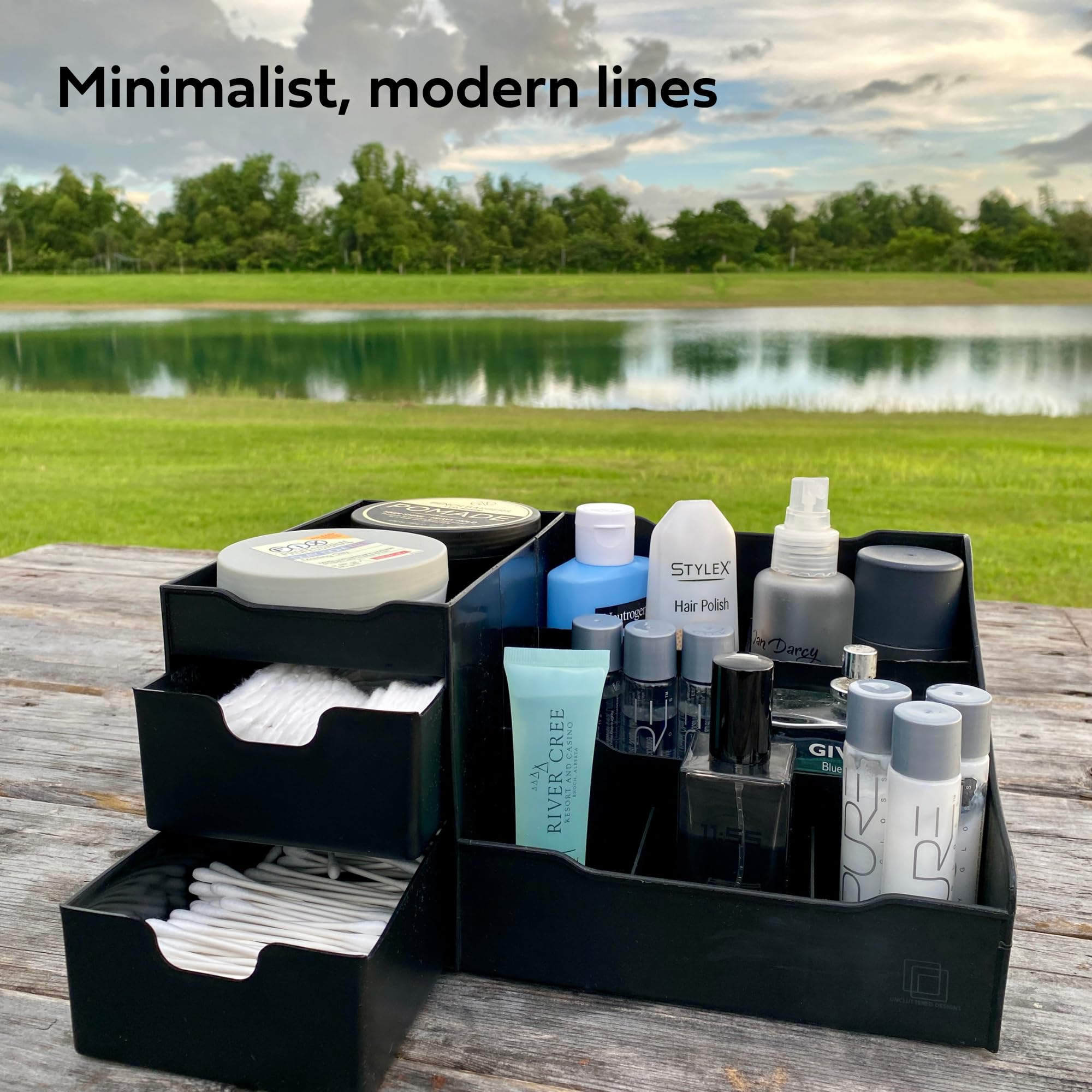 Uncluttered Designs large black vanity organizer with drawers open highlighting seven compartments for organized beauty tools