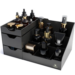 Uncluttered Designs large black vanity organizer front view showing clutter-free cosmetics storage for easy morning routines