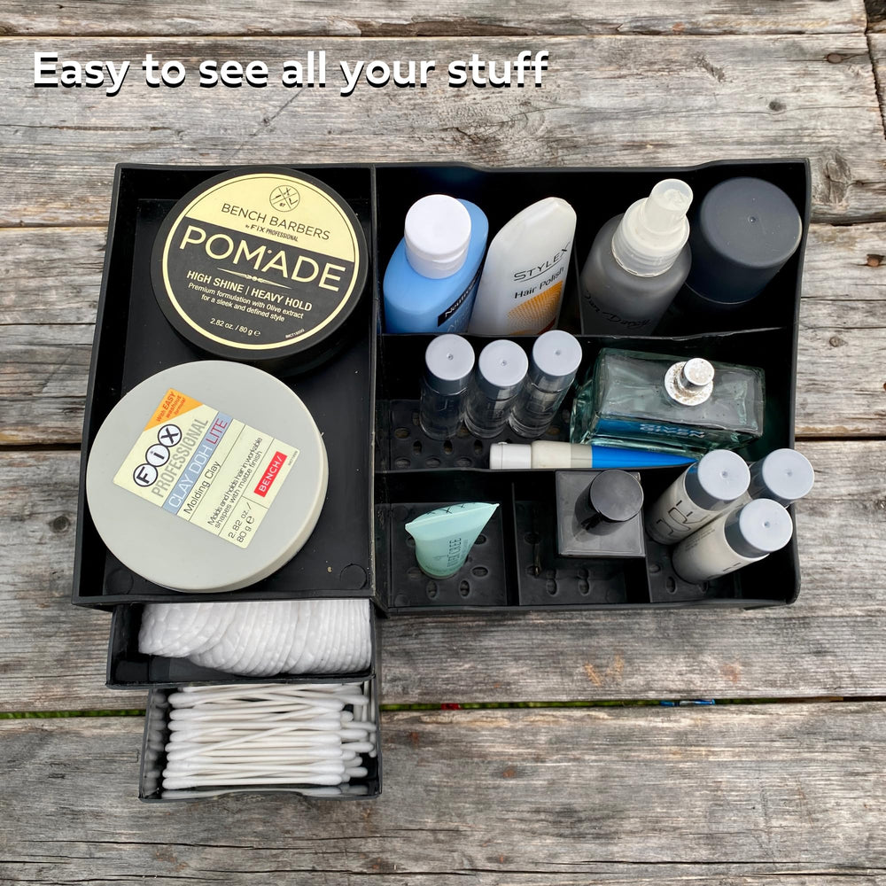 Uncluttered Designs large black vanity organizer makeup-station layout boosts vanity efficiency and styling prep