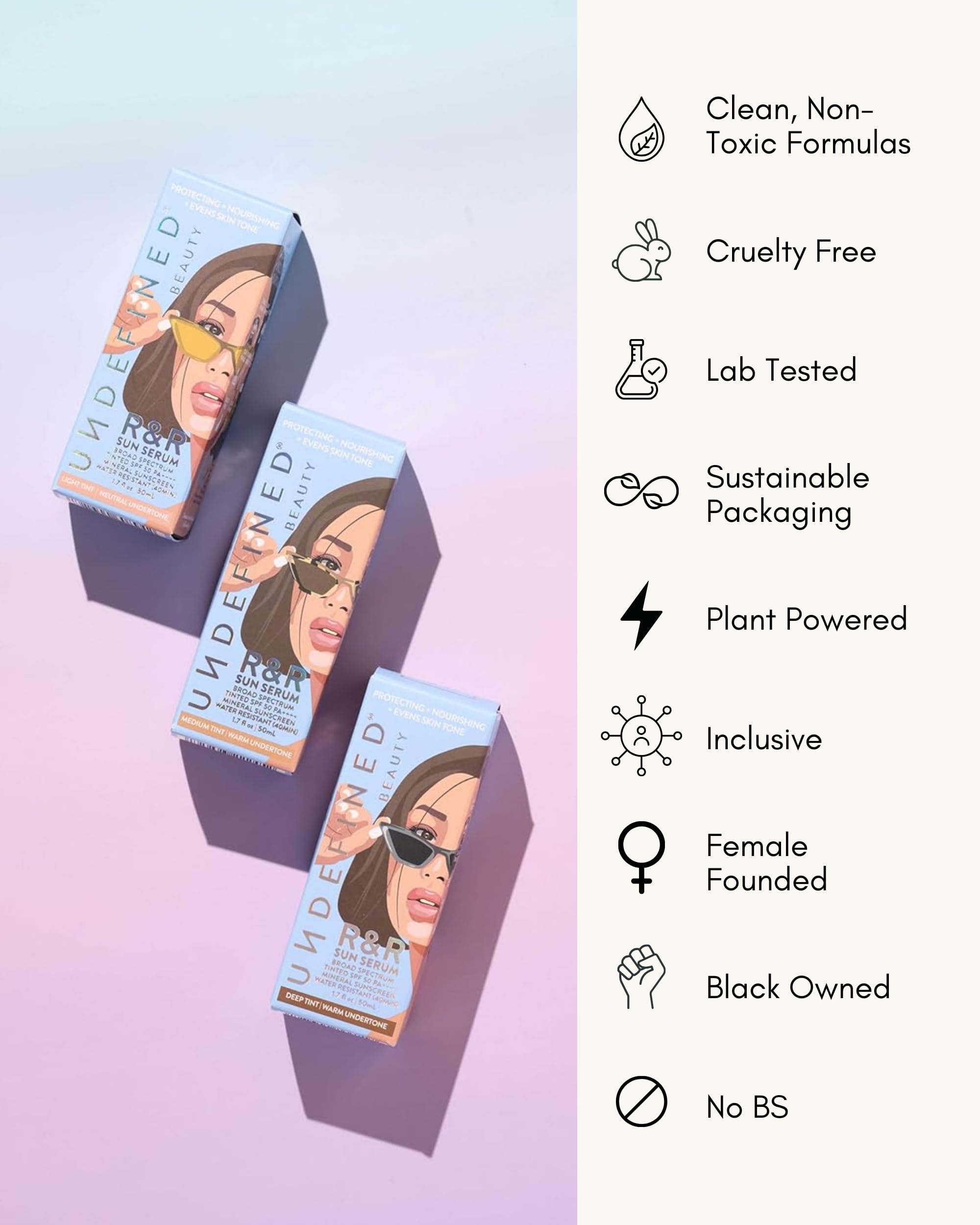 Undefined Beauty R&R Sun Serum packaging cap-off shot for product details