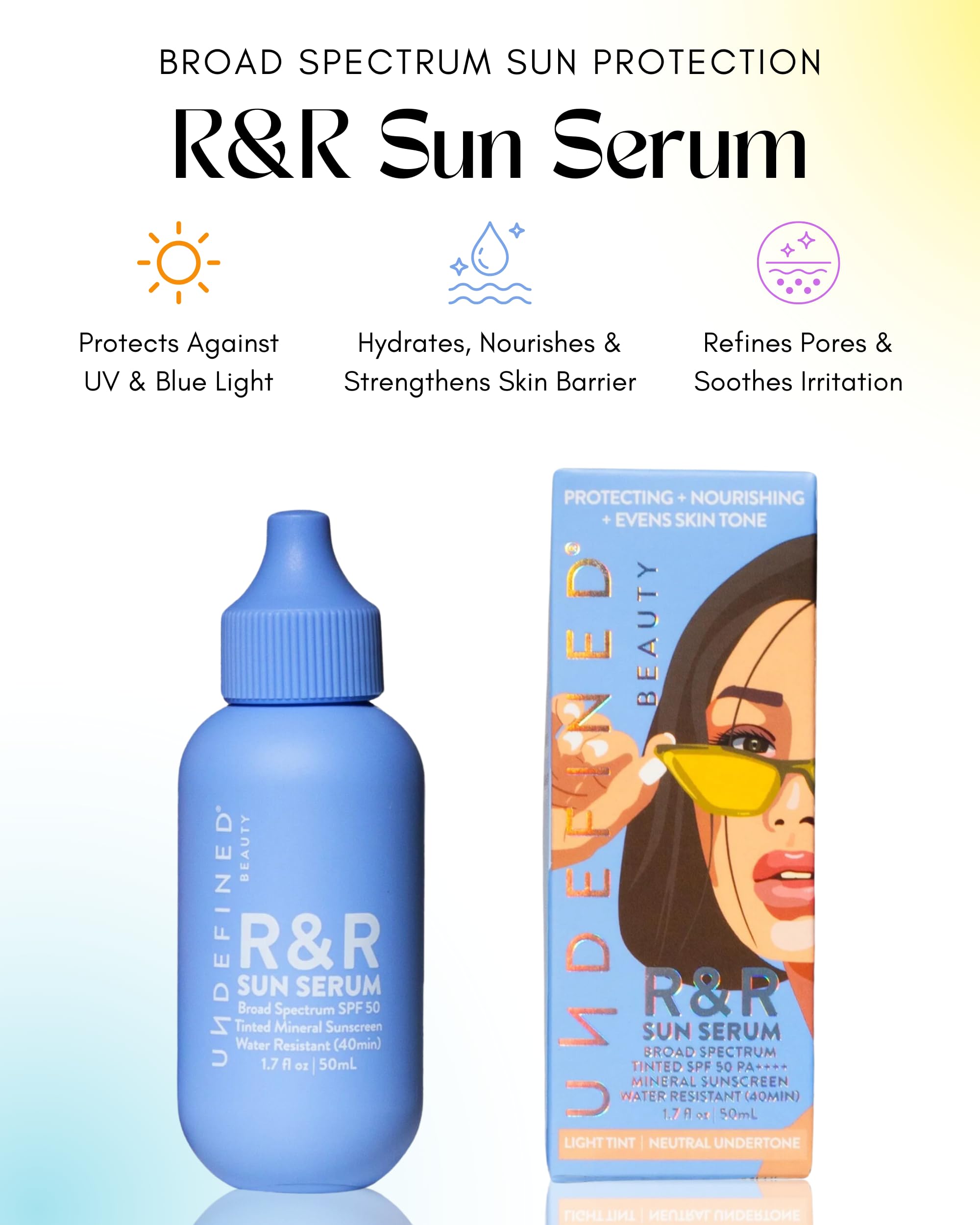 Undefined Beauty R&R Sun Serum SPF50 pump closeup demonstrating easy application