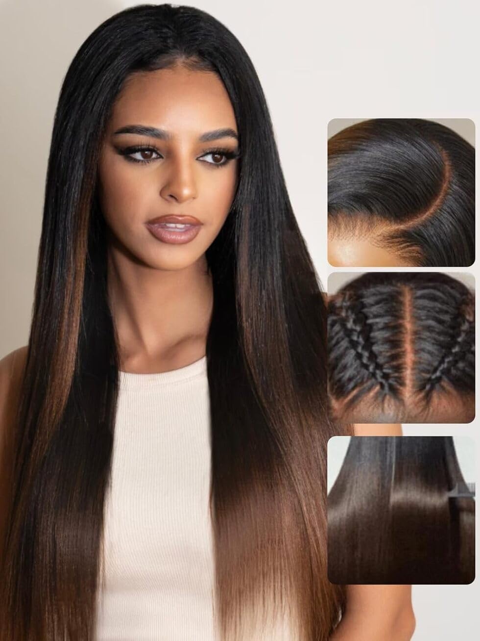 UNICE Chestnut Brown Ombre Yaki Straight wig back view shows full coverage