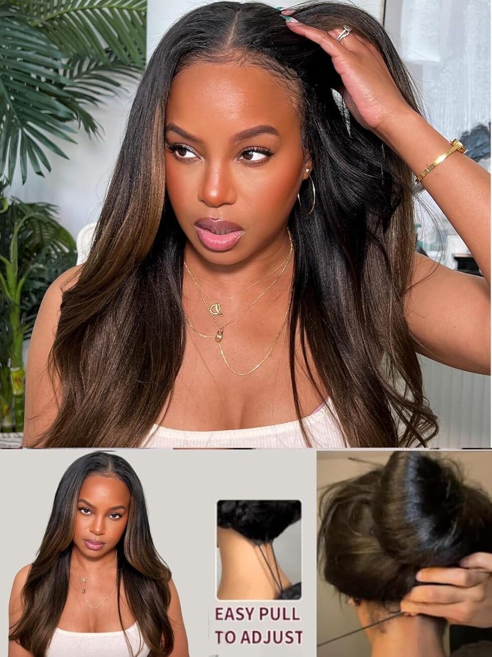 UNICE Chestnut Brown Ombre Yaki Straight wig with drawstring cap for secure fit