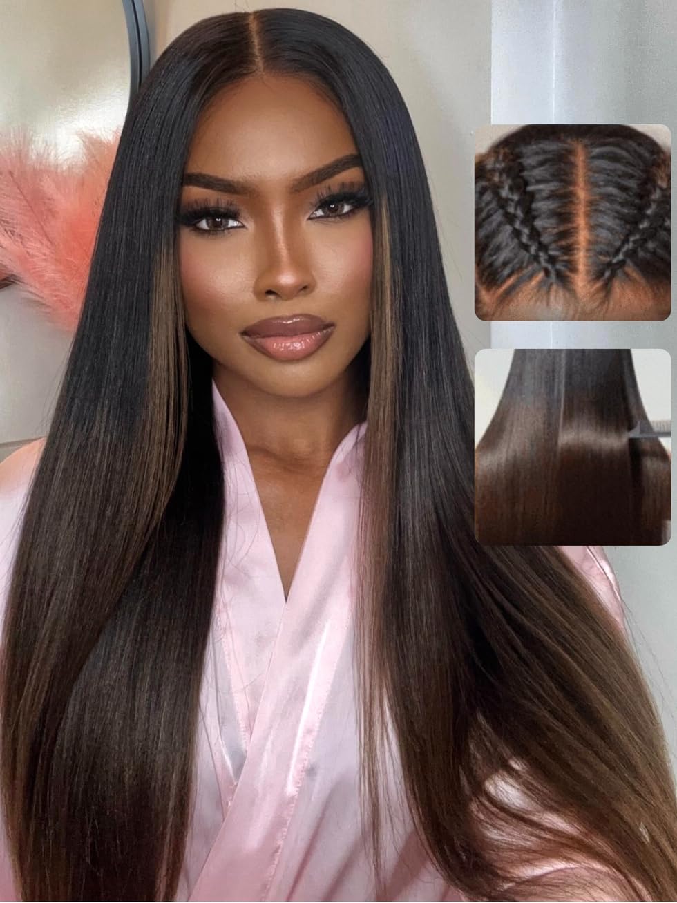 UNICE Chestnut Brown Ombre Yaki Straight wig front view highlighting natural hairline
