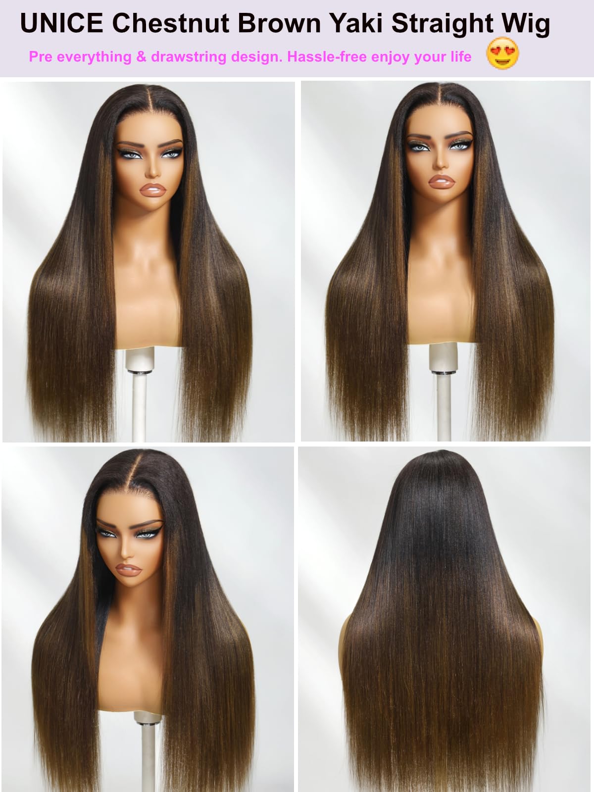 UNICE Chestnut Brown Ombre Yaki Straight wig invisible knots closeup for natural look