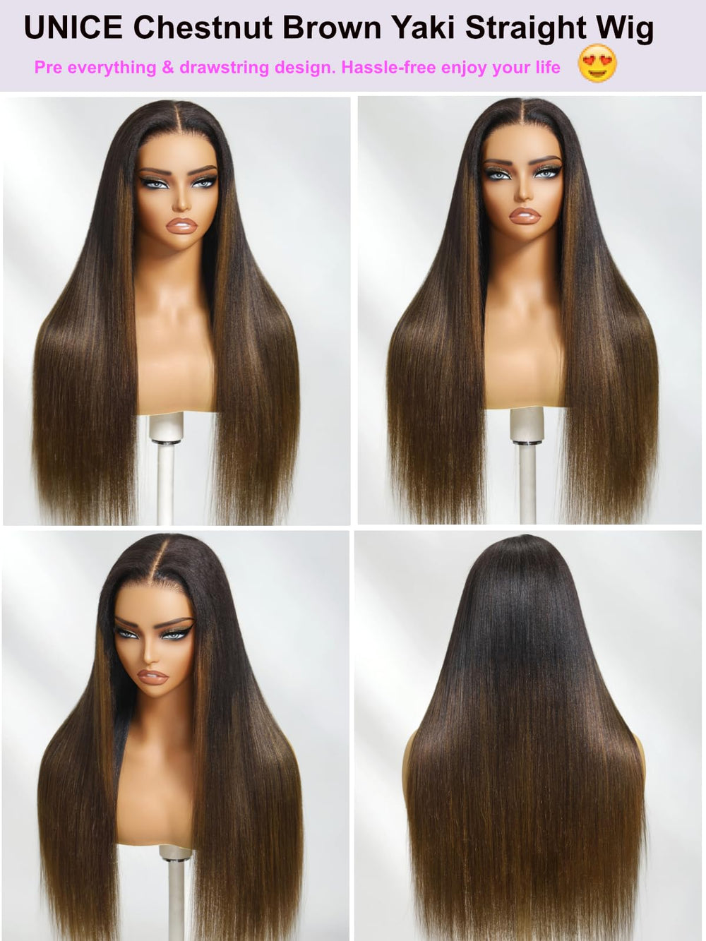 UNICE Chestnut Brown Ombre Yaki Straight wig invisible knots closeup for natural look