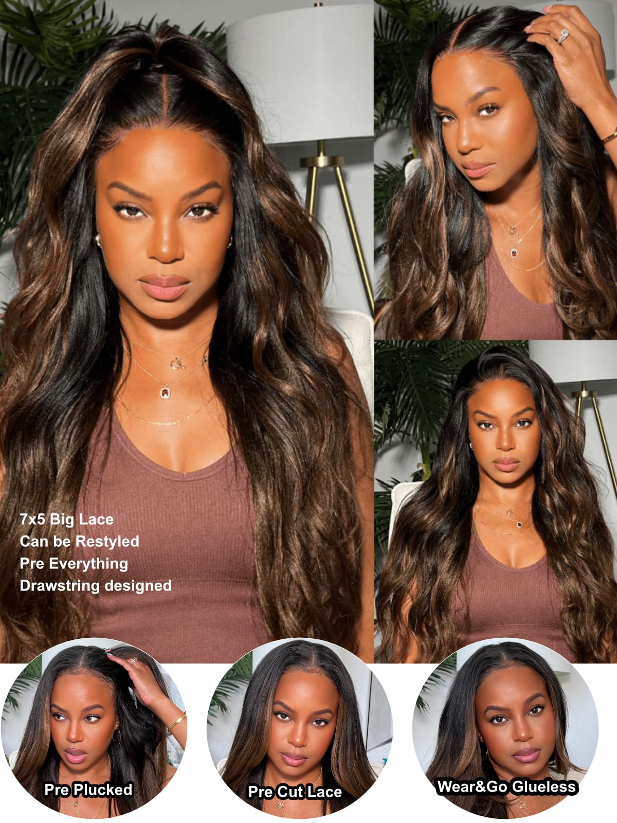 UNICE Chestnut Brown Ombre Yaki Straight wig side view for seamless daily wear