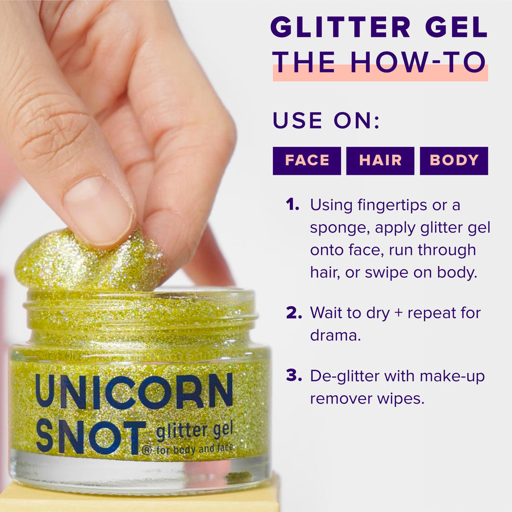 UNICORN SNOT body glitter delivers all-over shine for festival outfits and photos.