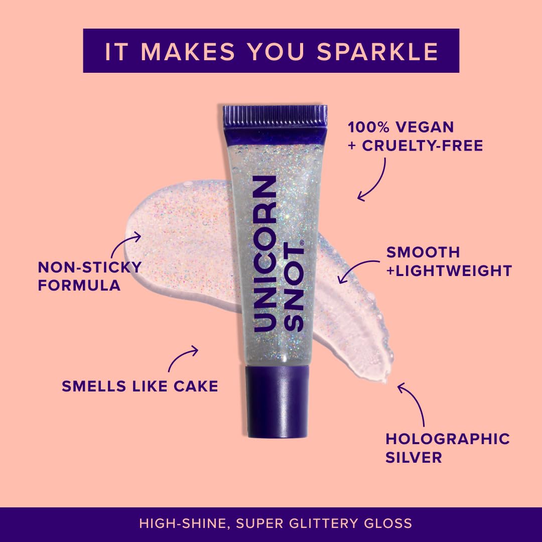 Cake-scented Unicorn Snot lip gloss application showing smooth, non-sticky shine.