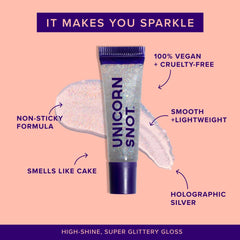 Cake-scented Unicorn Snot lip gloss application showing smooth, non-sticky shine.