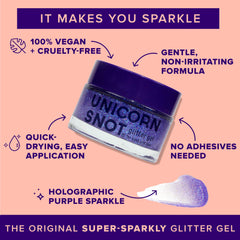 UNICORN SNOT glitter gel application finger showcases quick-on-the-go sparkle for face and body.