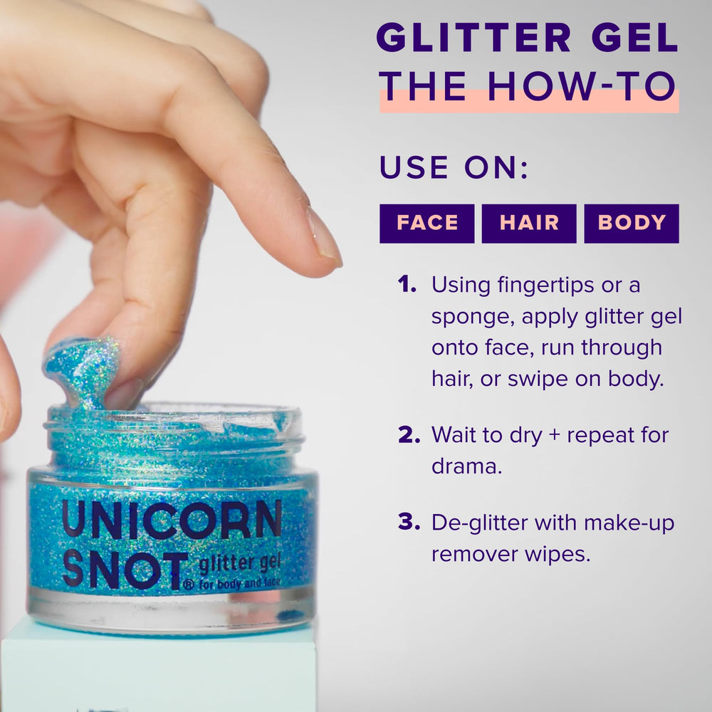 Unicorn Snot Glitter Gel blue body-glow for radiant look.