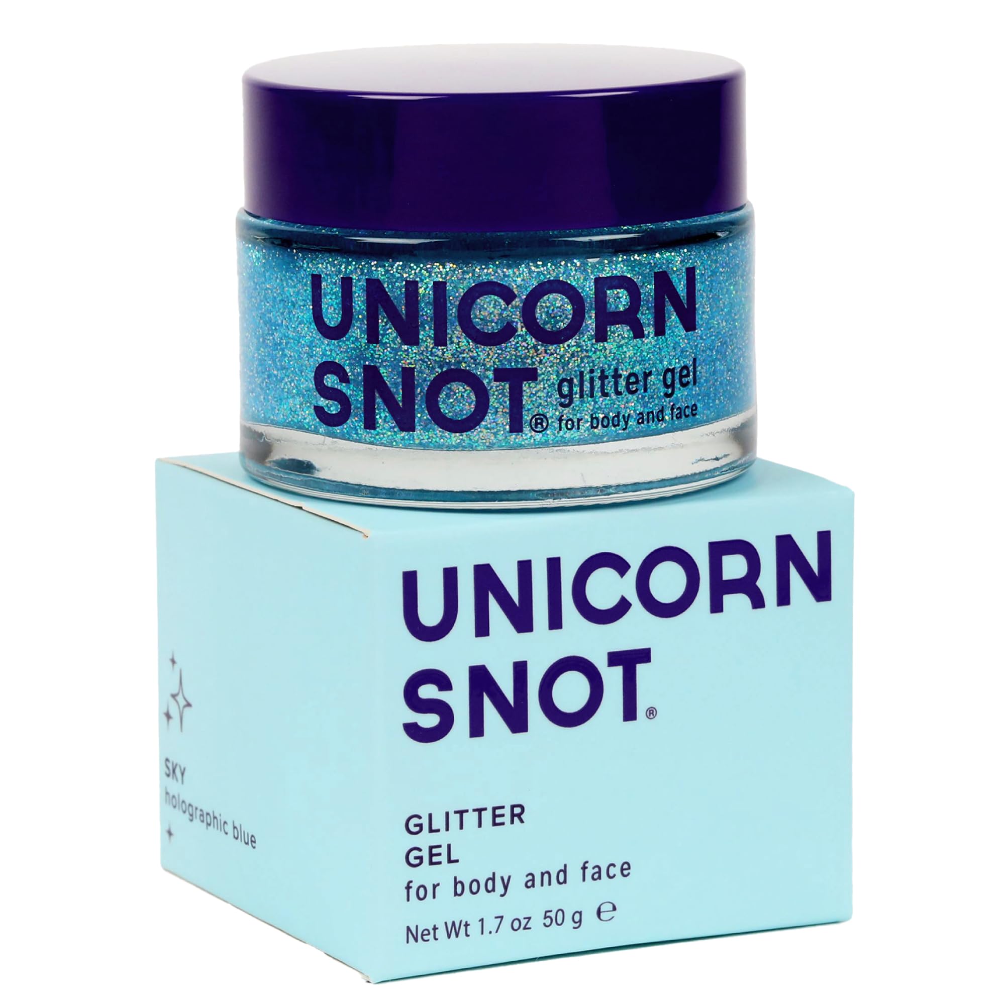 Unicorn Snot Glitter Gel blue face-application for a festive glow.