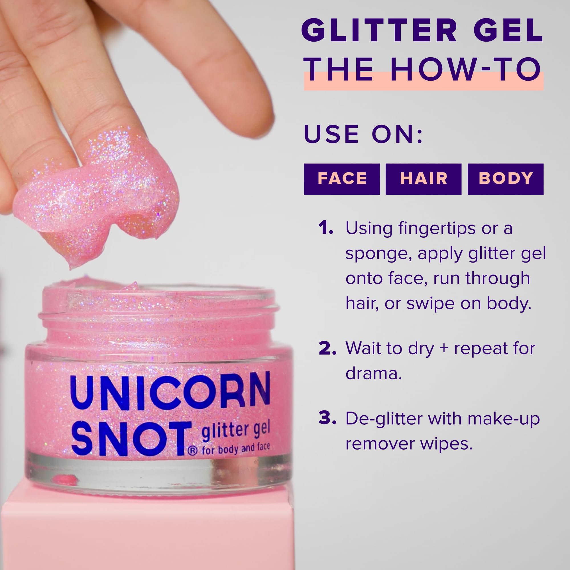 Unicorn Snot glitter gel dries clear for versatile daytime wear.