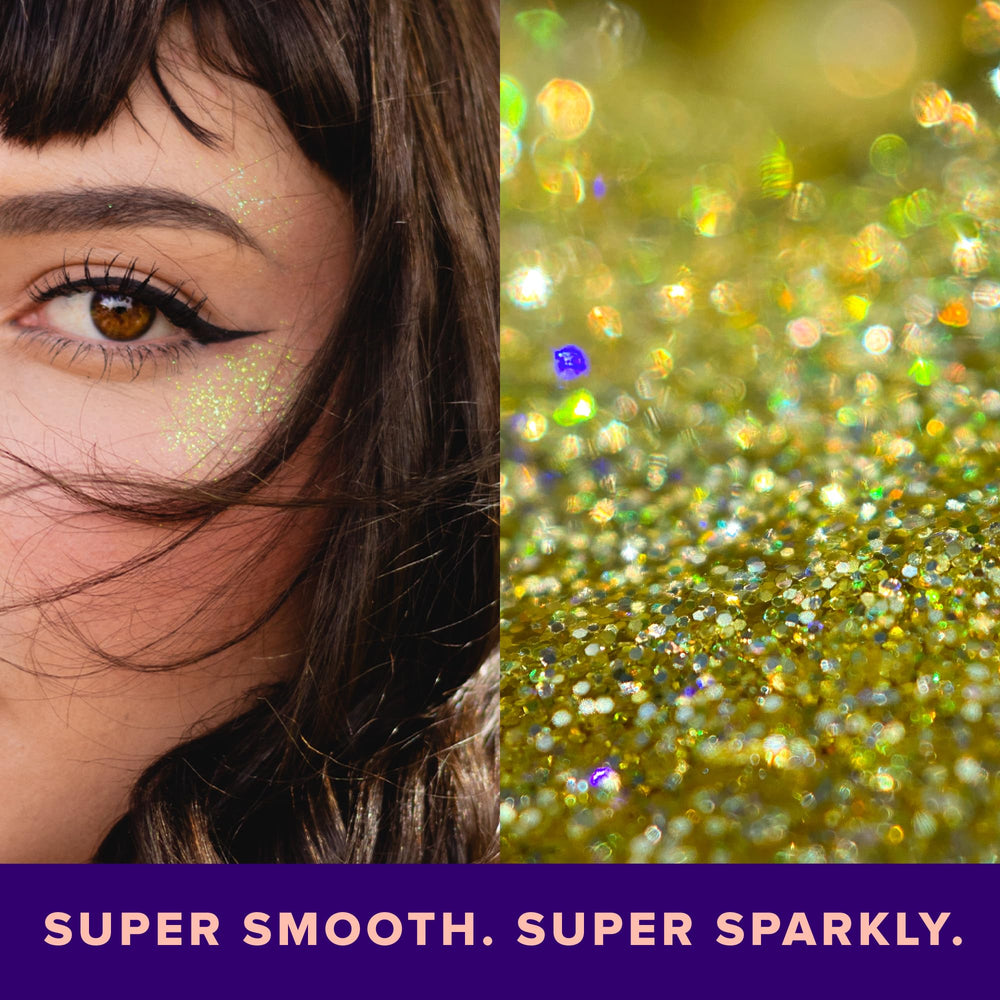 UNICORN SNOT glitter gel on eyelids provides quick sparkle without heavy primers.