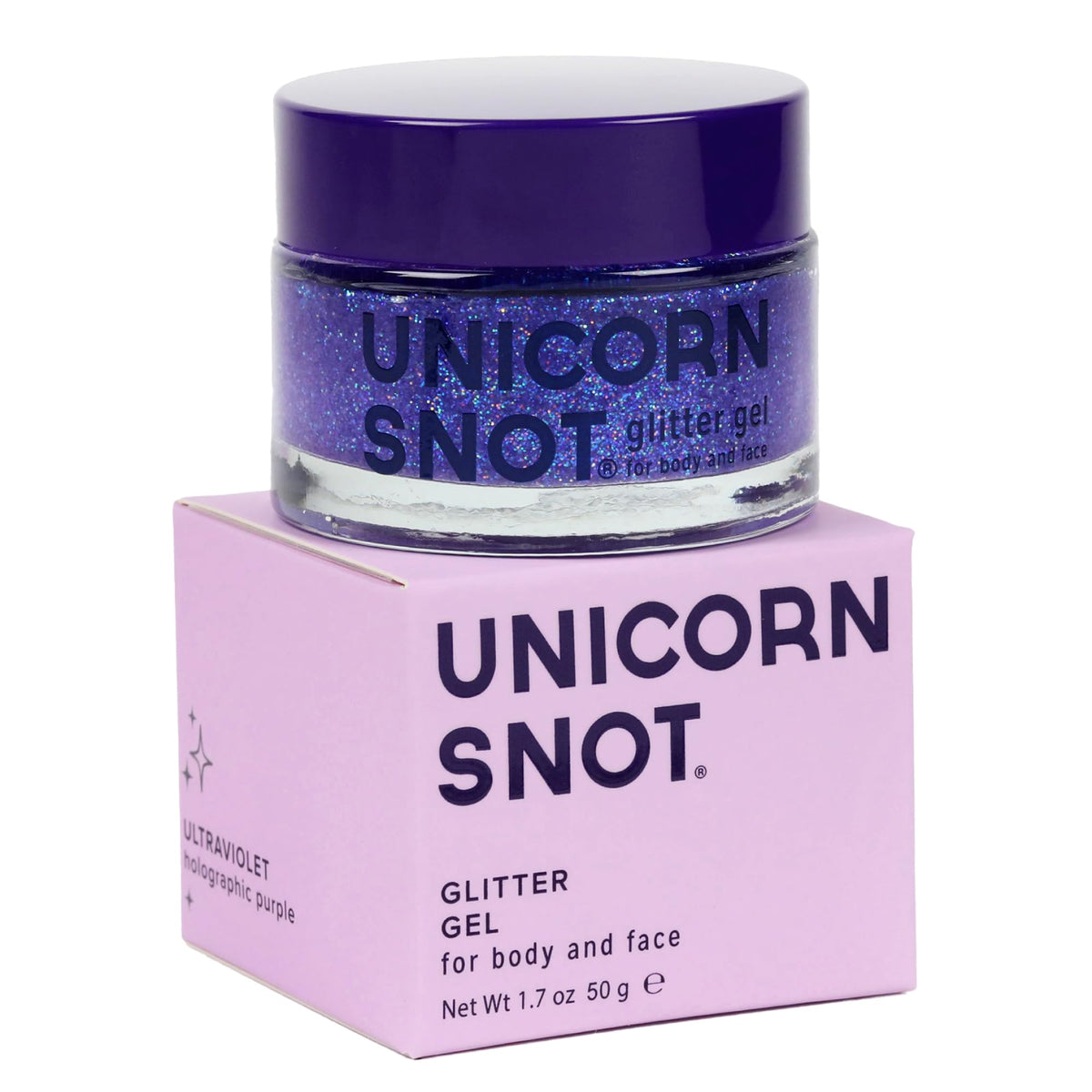 UNICORN SNOT glitter gel purple-uv jar highlights holographic shine for party-ready glow.