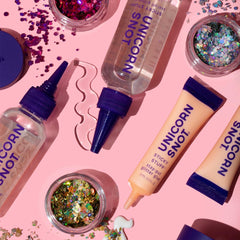 Unicorn Snot glitter glue on skin creating bold body art that lasts