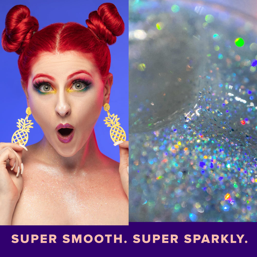 UNICORN SNOT glitter gel in hair for sparkling festival strands.