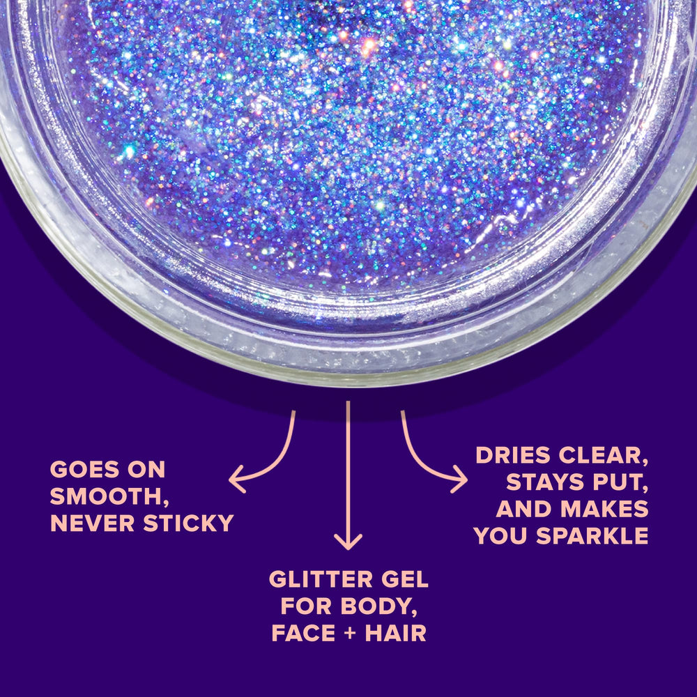 UNICORN SNOT holographic glitter face image emphasizes versatile color-shift glow for eyes and cheeks.