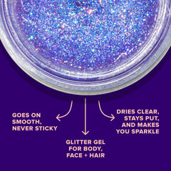 UNICORN SNOT holographic glitter face image emphasizes versatile color-shift glow for eyes and cheeks.