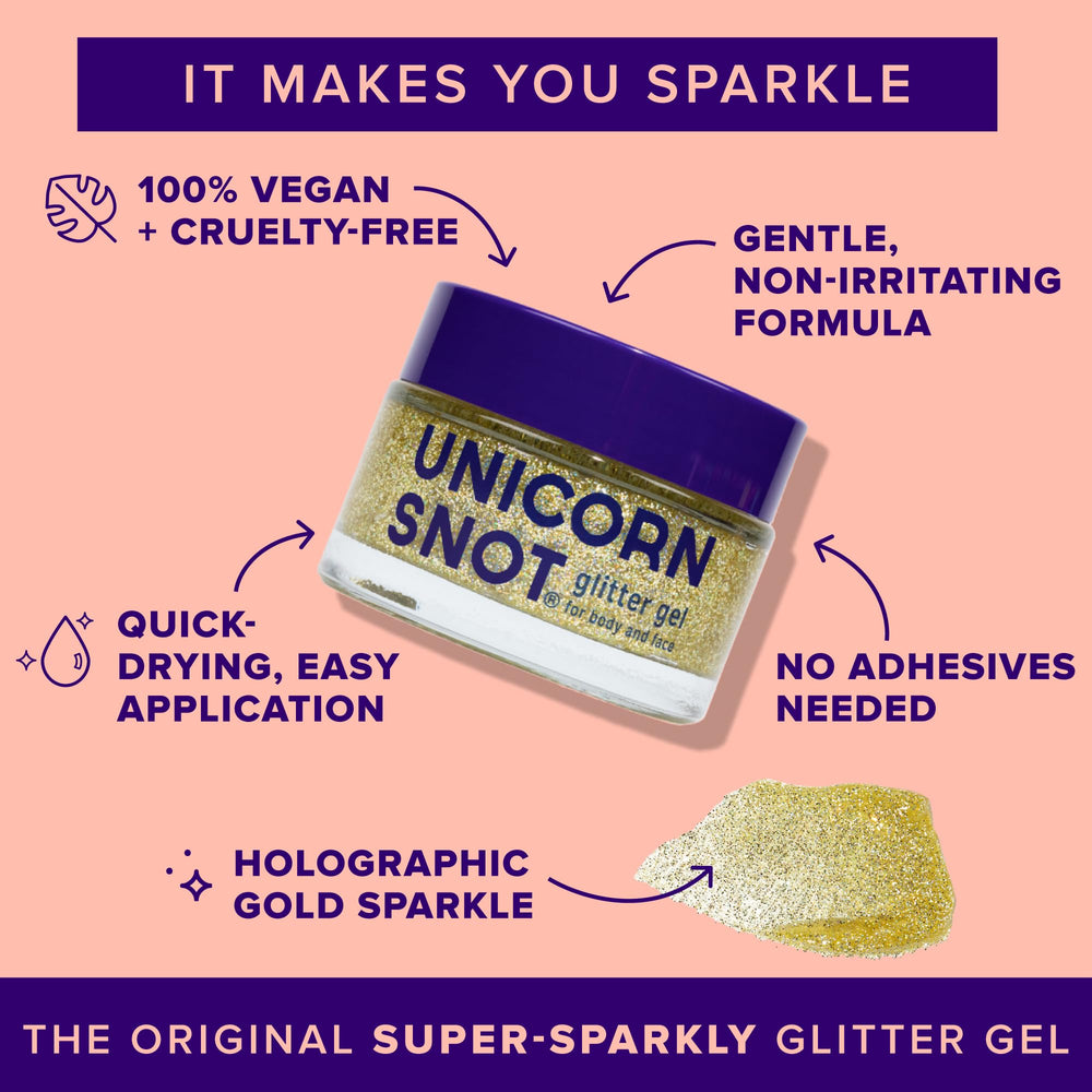 UNICORN SNOT holographic glitter on cheek creates eye-catching highlight and party sparkle.