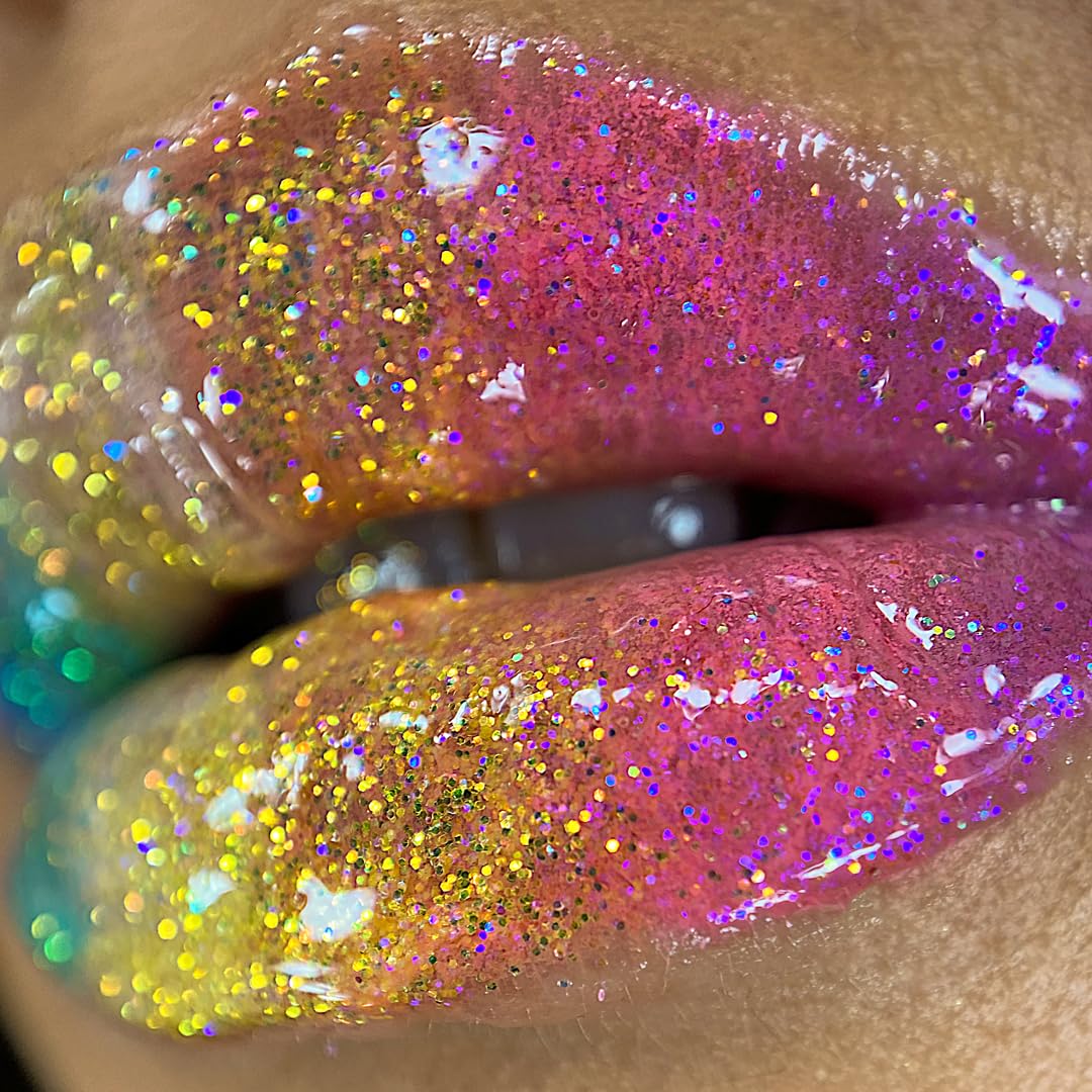 Close-up of Unicorn Snot holographic silver glitter gloss for party-ready sparkle.