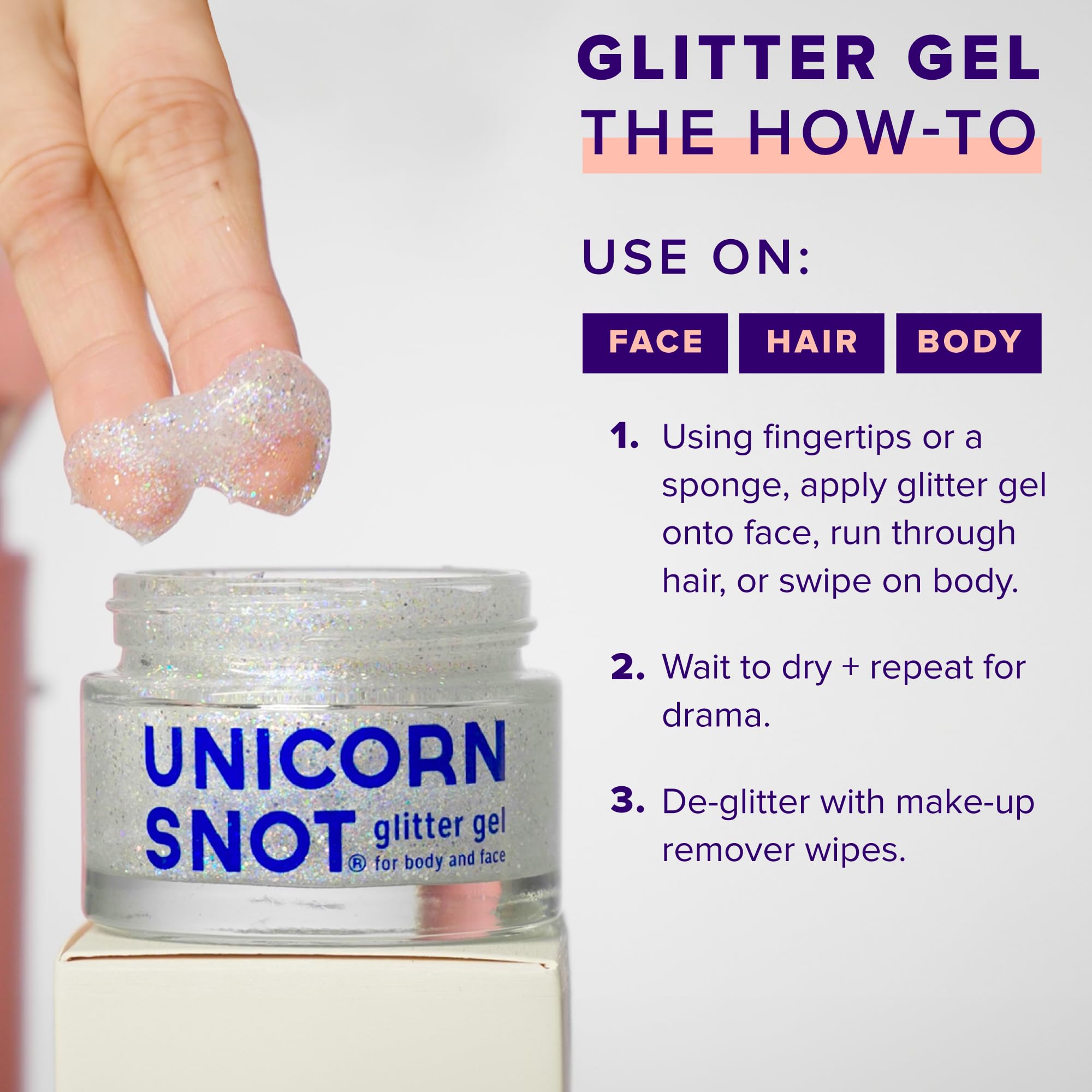 UNICORN SNOT glitter gel removal on skin, easy cleanup.