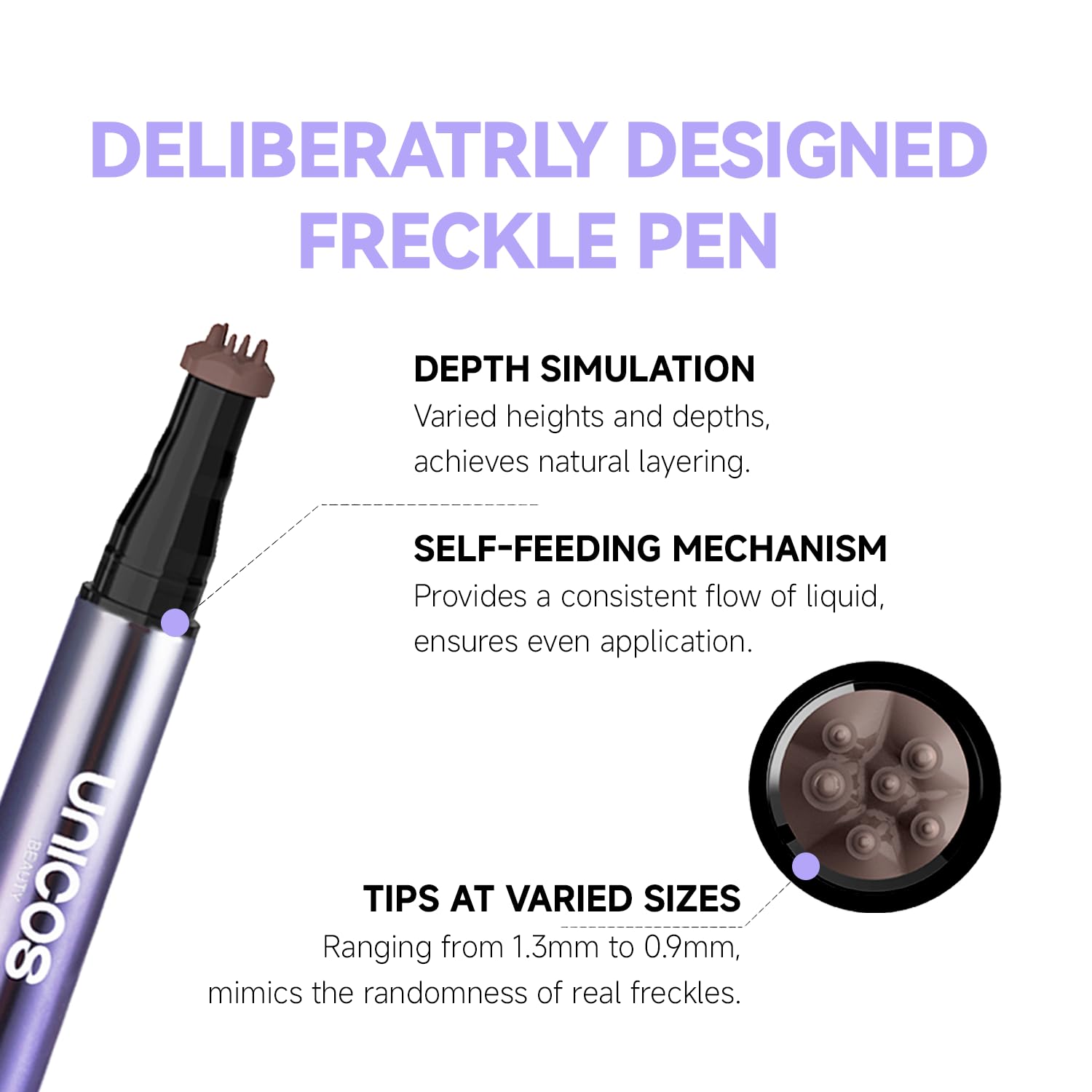 Unicos Freckle Stamp dot application demonstrates customizable freckles for subtle to bold looks.