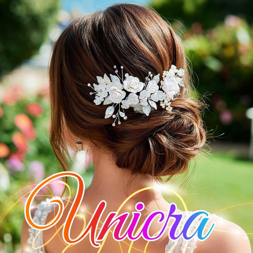 Unicra hair piece leaf accent photo demonstrates nature-inspired sparkle.